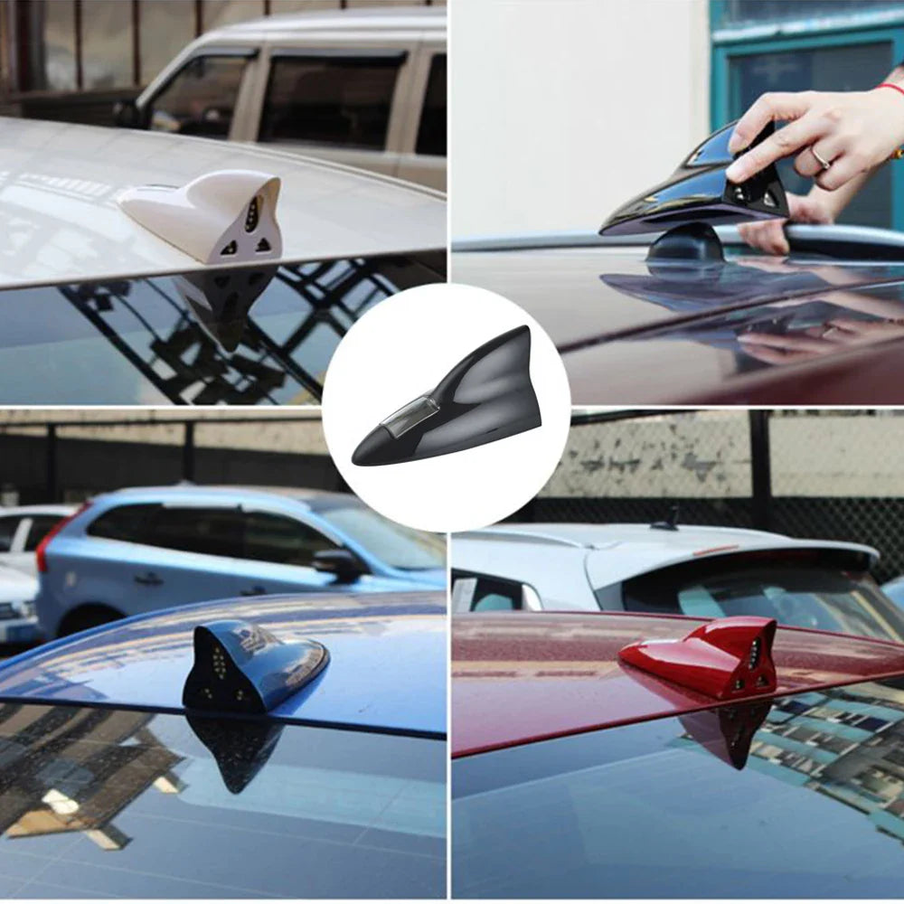 Close-up of shark fin antenna with glowing LED
